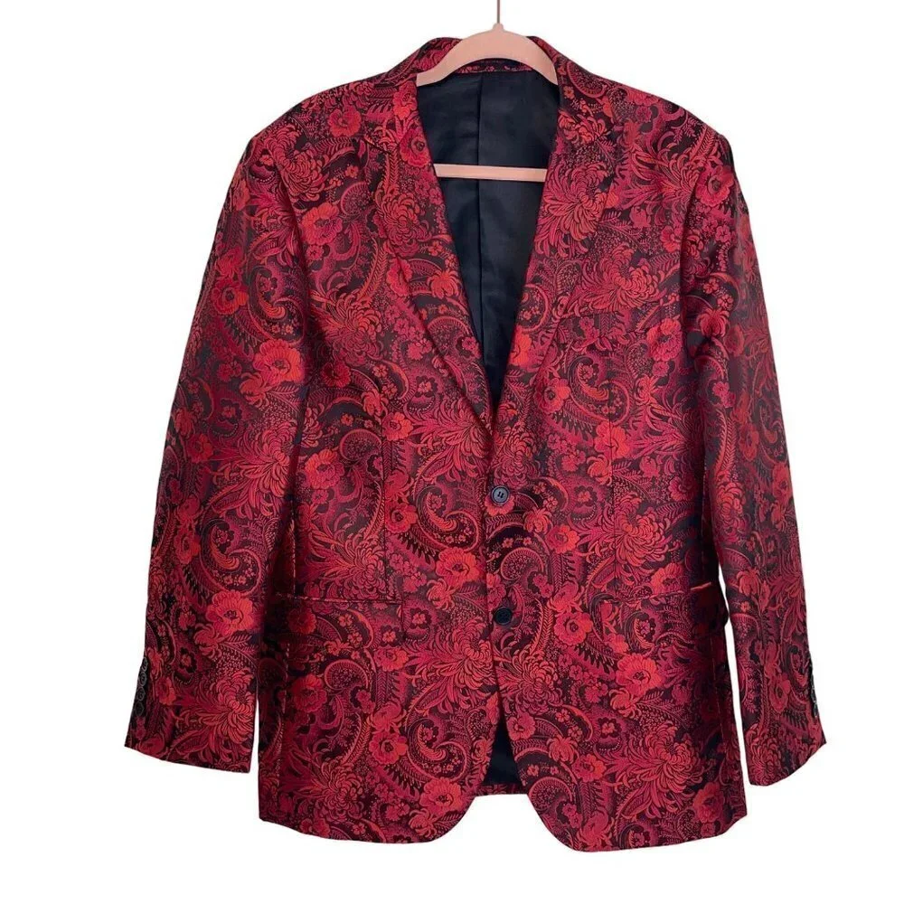 Leonardi Mens Jacket Size Large Red Floral Woven Two Button Pockets Party